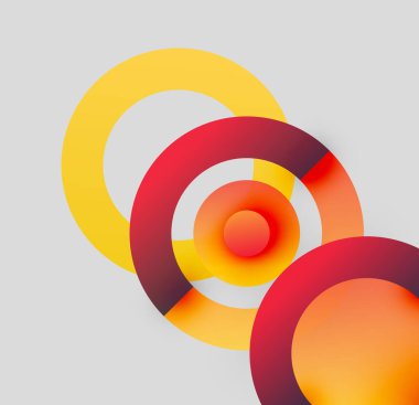 Özmerkezli daireler içeren soyut kompozisyon, canlı sarı, kırmızı renkler. Minimalist tasarım, düzgün eğimler, modern estetik..