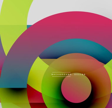 Soyut renkli tasarım, üst üste binen daireler, kareler. Canlı gradyanlar dinamik görsel doku oluşturur. Modern estetik.