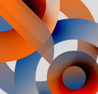 Soyut kompozisyon. Üst üste binen daireler dinamik görsel efekt yaratır. Sıcak, serin renkler harmanlanır, modern tasarım oluşturulur.