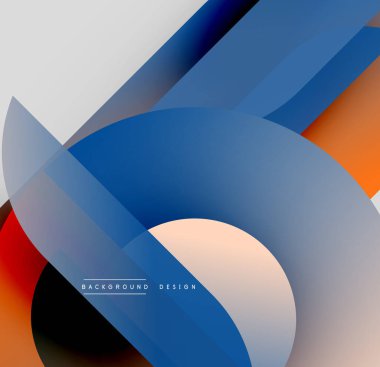 Soyut kompozisyon. Üst üste binen şekiller dinamik görsel efekt yaratır. Mavi, turuncu, kırmızı gradyanlar dizaynın hakimi. Modern estetik.
