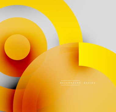 Soyut çemberler çakışıyor, canlı gradyanlar yaratıyor. Sarı, portakal, gri baskın kompozisyon. Modern tasarım ögesi.