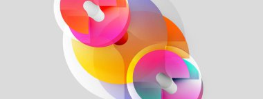 Soyut renkli şekiller örtüşür, dinamik bileşim yaratır. Yumuşak eğimler, pürüzsüz biçimler hareketi, modern tasarım estetiğini akla getiriyor..