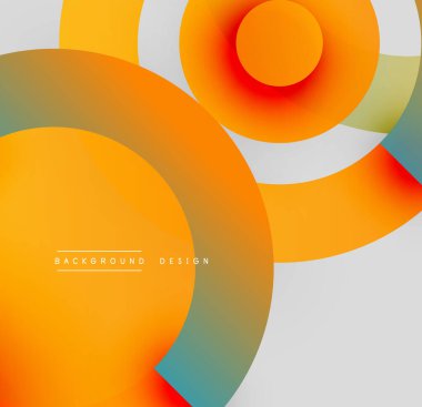 Soyut çemberler çakışıyor, canlı gradyanlar yaratıyor. Turuncu, sarı, gri renkler kompozisyona hakim. Modern tasarım ögesi.