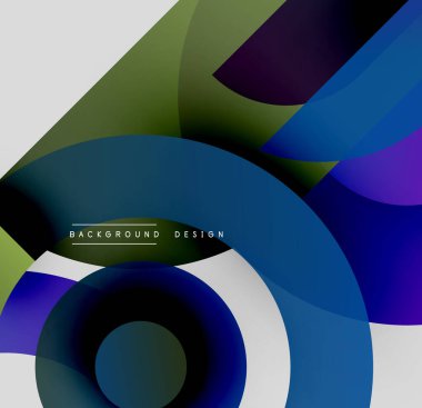 Soyut kompozisyon. Üst üste binen daireler, çizgiler dinamik görsel efekt yaratır. Modern tasarım, canlı renkler, pürüzsüz gradyanlar.