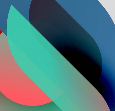 Soyut şekiller örtüşür, canlı renk karışımları yaratır. Turkuaz, mercan, donanma egemen bileşimi. Yumuşak eğimler derinlik ve hareket önerir.