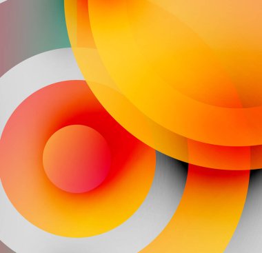 Soyut kompozisyon. Üst üste binen daireler, canlı renkler, gradyanlar dinamik görsel efekt yaratır. Modern tasarım elemanları.