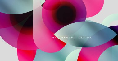 Soyut renkli çemberler çakışıyor. Modern tasarım canlı pembeler, maviler, beyazlar içerir. Geçmişi akıcılık ve dinamizmi akla getiriyor..