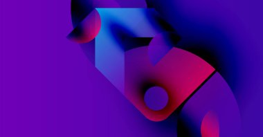 Soyut kompozisyon. Canlı mor, mavi, pembe renkler harmanlanmış. Geometrik şekiller, dinamik görsel efekt oluşturur. Modern tasarım.