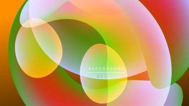 Soyut renkli örtüşen şekiller canlı bir zemin oluşturur. Yumuşak gradyanlar turuncu, yeşil ve pembe renkleri harmanlarlar. Modern tasarım ögesi.