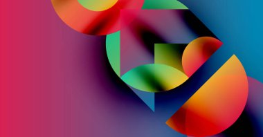 Canlı örtüşen şekiller içeren soyut bir kompozisyon. Renkler karışıyor, dinamik görsel deneyim yaratıyor. Modern tasarım, akışkan formlar.