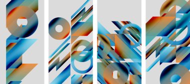 Soyut sanat eserleri. Dört panel renkli geometrik şekiller göstererek parçalanmış metni oluşturur. Mavi, turuncu renkler kompozisyona hakim. Modern tasarım.