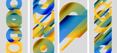 Soyut geometrik bileşim. Üst üste binen daireler, dikdörtgenler canlı desenler oluşturur. Mavi, sarı, yeşil renkler tasarımda baskın. Modern estetik.