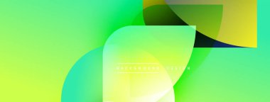 Soyut, enerjik bir arkaplan. Üst üste binen geometrik şekiller dinamik görsel efekt yaratır. Yeşil, sarı renkler kompozisyona hakim. Modern tasarım ögesi.