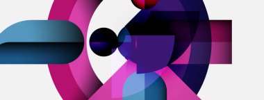 Soyut kompozisyon. Geometrik şekiller örtüşür, canlı renk etkileşimi yaratır. Pembe, mor, mavi baskın tasarım. Modern estetik.