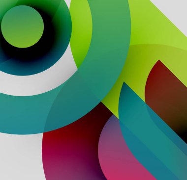 Soyut kompozisyon. Üst üste binen daireler, canlı renkler, pürüzsüz eğimler dinamik görsel deneyimler yaratır. Modern tasarım.