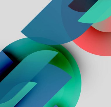 Soyut kompozisyon. Üst üste binen renkli şekiller dinamik görsel efekt yaratır. Düz eğimler, modern tasarım, basit biçimler.
