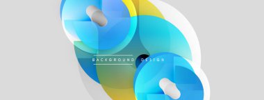 Soyut sıvı şekilleri üst üste binerek dinamik bileşim oluşturur. Açık gri arka planda mavi ve sarı renkler hakim. Modern tasarım ögesi.