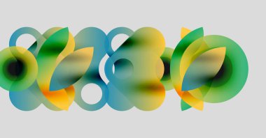 Üst üste binen renkli daireler içeren soyut bir kompozisyon. Yeşil, mavi, sarı renkler harmanlanarak, dinamik görsel efekt yaratır. Yumuşak eğimler mevcut.