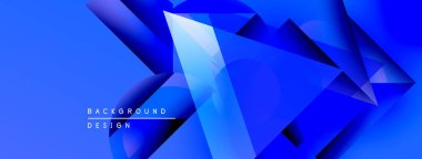 Soyut mavi geometrik şekiller dinamik arkaplan yaratır. Gradyan renkler, keskin açılar, mevcut modern tasarım elemanları.