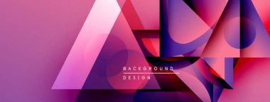Soyut geometrik şekiller örtüşür, canlı pembeler, morlar, maviler yaratır. Modern tasarım elementleri dinamik bileşimi önerir.