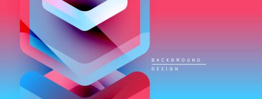 Soyut geometrik şekiller örtüşüyor, canlı renk eğimleri yaratıyor. Pembe, mavi, mor renkler tasarımda baskın. Modern estetik.