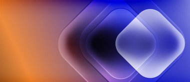 Soyut eğim arkaplanı. Üst üste binen kareler, turuncu, mor ve mavi renkler kullanarak derinlik yaratır. Modern, minimalist tasarım.