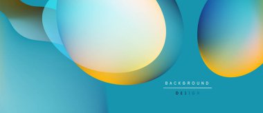 Soyut arkaplan özellikleri üst üste binen daireler, gradyanlar. Teal, sarı renkler modern tasarım yaratır. Minimalist estetik, pürüzsüz geçişler mevcut.
