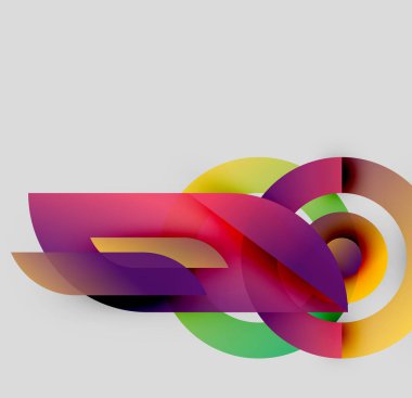 Soyut kompozisyon. Üst üste binen renkli şekiller dinamik görsel efekt yaratır. Gradyanlar, kıvrımlar, çizgiler modern tasarımı tanımlar.