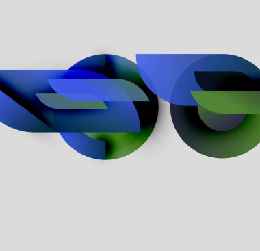 Soyut tasarım özellikleri mavi, yeşil şekiller akar. Üst üste binen katmanlar dinamik görsel efekt yaratır. Minimalist tarz, nötr arkaplan.