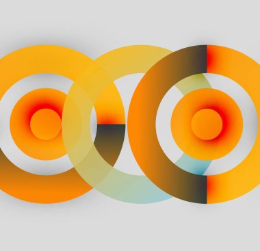 Soyut daireler örtüşüyor, canlı renk eğimleri yaratıyor. Sıcak tonlar kompozisyona hükmediyor, enerji ve hareket izlenimi veriyor. Minimalist tasarım.