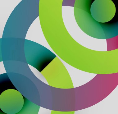 Soyut kompozisyon. Üst üste binen daireler, canlı renkler dinamik görsel deneyimler yaratır. Modern tasarım, temiz çizgiler, mevcut gradyanlar.