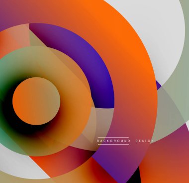 Soyut çemberler çakışıyor, canlı gradyanlar yaratıyor. Turuncu, mor, siyah renkler kompozisyona hakim. Modern tasarım ögesi.