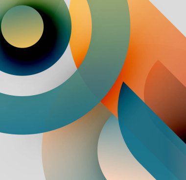 Üst üste binen daireler, gradyanlar içeren soyut kompozisyon. Renkler arasında deniz mavisi, turuncu, sarı, siyah, beyaz. Modern tasarım elemanları.