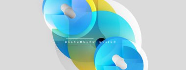 Soyut sıvı şekilleri üst üste binerek dinamik bileşim oluşturur. Açık gri arka planda mavi ve sarı renkler hakim. Modern tasarım ögesi.