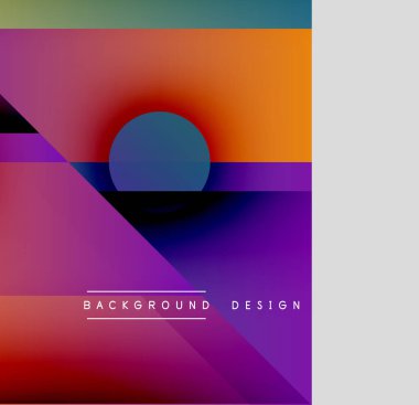 Soyut gradyanlar, geometrik şekiller, canlı renkler modern tasarım yaratır. Çemberler, üçgenler kesişiyor, dinamik bileşim oluşturuyor.