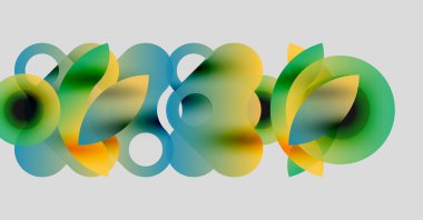 Üst üste binen renkli daireler içeren soyut bir kompozisyon. Yeşil, mavi, sarı renkler harmanlanarak, dinamik görsel efekt yaratır. Yumuşak eğimler mevcut.