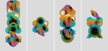 Soyut renkli şekiller örtüşür, dinamik kompozisyonlar oluşturur. Dört panel varyasyonları, gradyanları, yumuşak kenarları gösteriyor. Modern sanat sunumu.