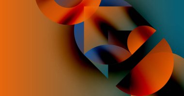 Soyut kompozisyon. Üst üste binen şekiller, canlı renkler dinamik görsel deneyimler yaratır. Sıcak tonlar serin renklere karşıdır. Modern tasarım.