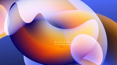 Soyut sıvı şekiller harmanlanarak canlı renk değişimleri yaratır. Turuncu, mavi, beyaz renkler koyu arkaplana hakim. Modern tasarım ögesi.