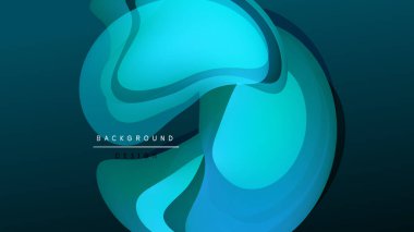 Soyut sıvı şekilleri üst üste binerek dinamik deniz mavisi bileşimi oluşturur. Koyu arkaplan, çağdaş tasarım elementinin akış biçimlerini vurgular.