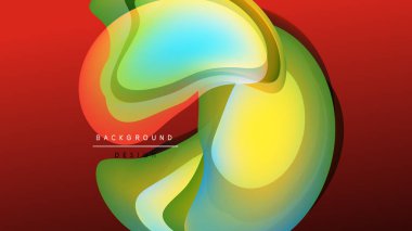 Soyut sıvı şekiller harmanlanır, canlı renk akışı yaratır. Kırmızı arka plan dinamik bileşimi vurgular. Modern tasarım ögesi.