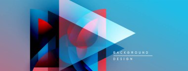 Soyut geometrik şekiller örtüşüyor, canlı mavi ve kırmızı renkler yaratıyor. Modern tasarım teknoloji, yenilik, dinamik kompozisyon öneriyor.