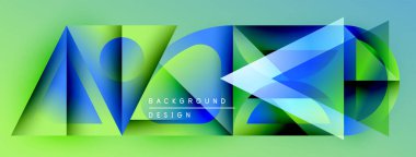 Soyut geometrik şekiller örtüşür, parlak mavi, yeşil eğimler yaratır. Metin arka plan tasarımı okur. Modern görsel kompozisyon.