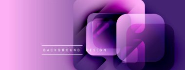 Soyut mor tasarım katmanlı yuvarlak kareler içerir. Gradyan arka plan modern görsel efekt yaratır. Basit metin etiketleri alt merkez.