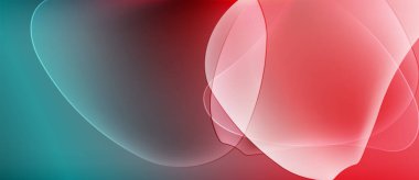 Soyut şekiller harmanlanır, akışkan gradyanlar oluşturur. Kırmızı, deniz mavisi, gri renkler kompozisyona hakim. Yumuşak kıvrımlar hareket ve ışık etkileşimini gösterir.