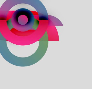 Soyut kompozisyon özellikleri üst üste binen renkli daireler, dinamik görsel efekt yaratır. Pembe, mavi, yeşil renkler tarafsız arkaplanda baskın.