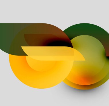 Soyut şekiller örtüşür, dinamik bileşim yaratır. Sıcak sarılar serin yeşilliklere, kahverengilere karşı. Yumuşak eğimler derinlik ve hareket önerir.