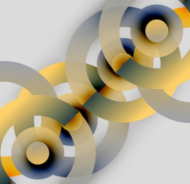 Üst üste binen daireler içeren soyut kompozisyon. Sarı, gri, donanma renkleri dinamik görsel efekt yaratır. Minimalist tasarım, modern estetik.