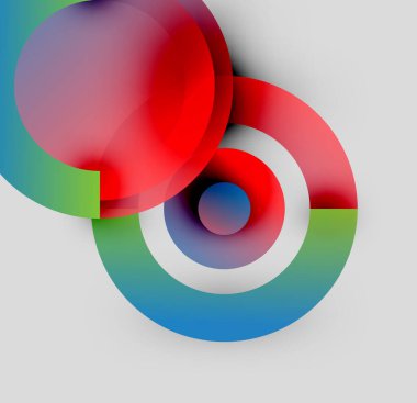Soyut kompozisyon. Üst üste binen daireler, canlı renkler, gradyanlar dinamik görsel efekt yaratır. Modern tasarım, basit arkaplan.