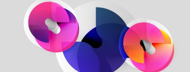 Soyut renkli çakışan daireler dinamik görsel kompozisyon oluşturur. Gradyan renkler harmanlanarak modern tasarım ögesini oluşturur.